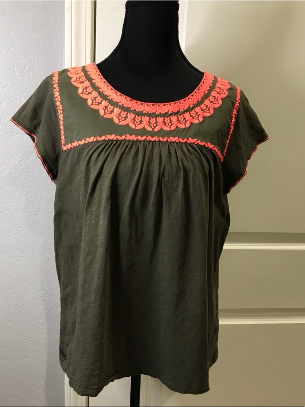 Boden Olive Green Tunic with Coral Embroidered Yoke